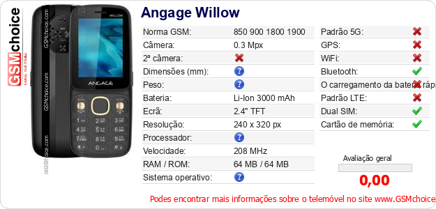 Angage Willow Especificações técnicas do telemóvel 