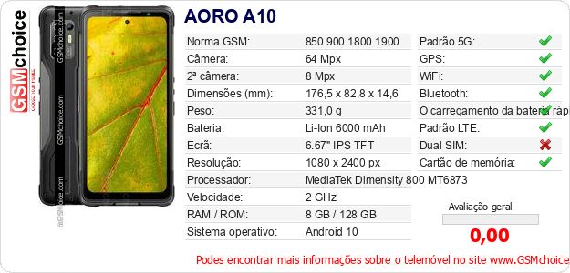 AORO A10 Especificações técnicas do telemóvel AORO A10 Especificações técnicas do telemóvel
