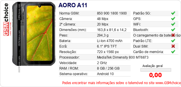AORO A11 Especificações técnicas do telemóvel AORO A11 Especificações técnicas do telemóvel