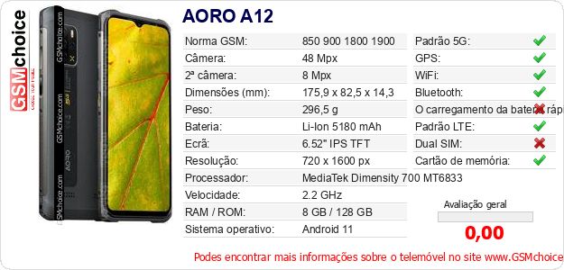 AORO A12 Especificações técnicas do telemóvel AORO A12 Especificações técnicas do telemóvel