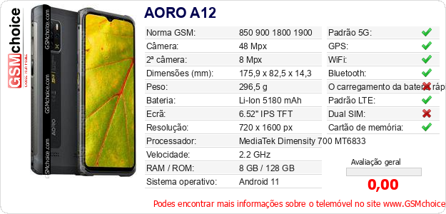 AORO A12 Especificações técnicas do telemóvel 