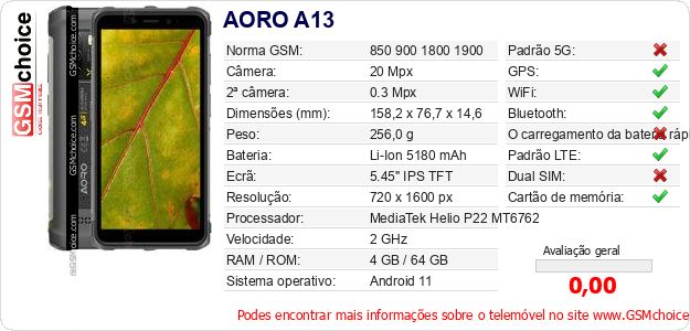AORO A13 Especificações técnicas do telemóvel 