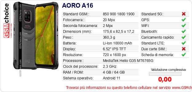 AORO A16 Dati tecnici di telefono cellulare AORO A16 Dati tecnici di telefono cellulare