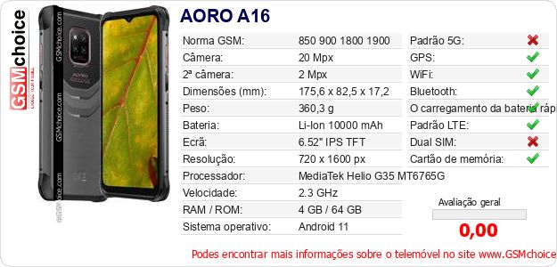 AORO A16 Especificações técnicas do telemóvel 