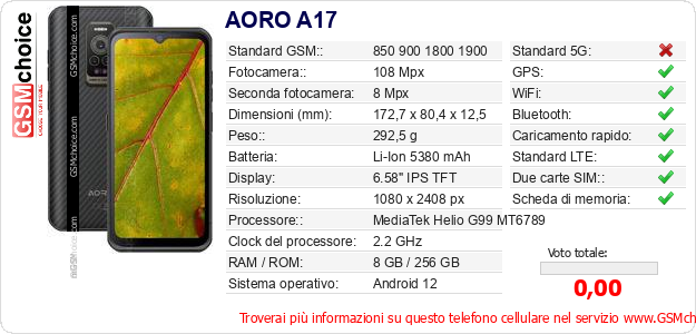 AORO A17 Dati tecnici di telefono cellulare 