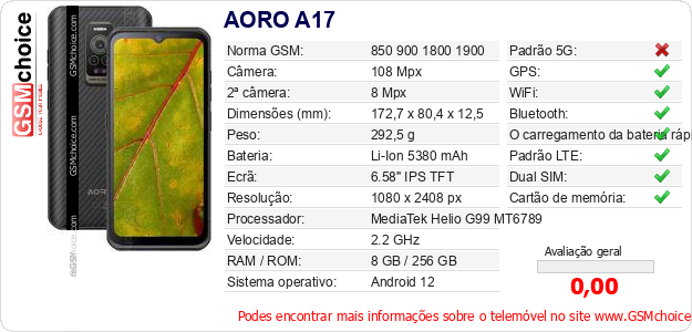 AORO A17 Especificações técnicas do telemóvel AORO A17 Especificações técnicas do telemóvel