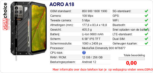 AORO A18 Technische gegevens AORO A18 Technische gegevens