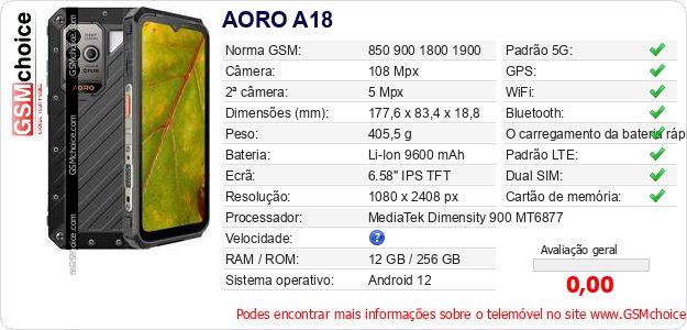 AORO A18 Especificações técnicas do telemóvel AORO A18 Especificações técnicas do telemóvel