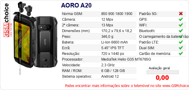 AORO A20 Especificações técnicas do telemóvel AORO A20 Especificações técnicas do telemóvel