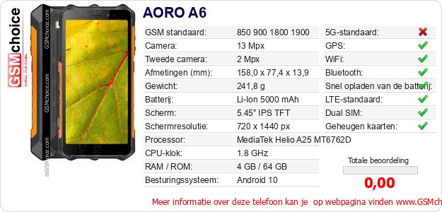 AORO A6 Technische gegevens AORO A6 Technische gegevens