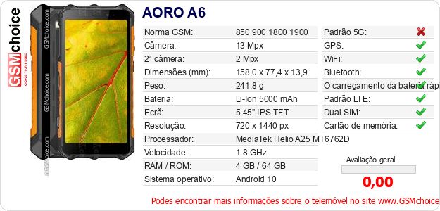 AORO A6 Especificações técnicas do telemóvel AORO A6 Especificações técnicas do telemóvel