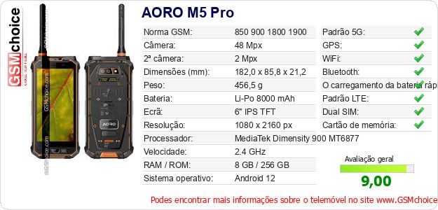 AORO M5 Pro Especificações técnicas do telemóvel 