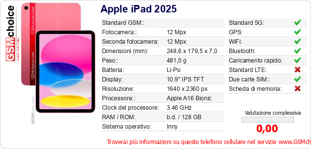 Apple iPad 2025 Dati tecnici di telefono cellulare 