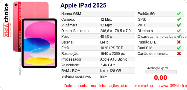 Apple iPad 2025 Especificações técnicas do telemóvel 