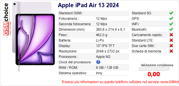 Apple iPad Air 13 2024 Dati tecnici di telefono cellulare Apple iPad Air 13 2024 Dati tecnici di telefono cellulare