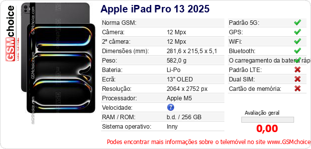 Apple iPad Pro 13 2025 Especificações técnicas do telemóvel 