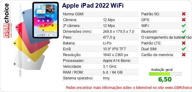 Apple iPad 2022 WiFi Especificações técnicas do telemóvel Apple iPad 2022 WiFi Especificações técnicas do telemóvel