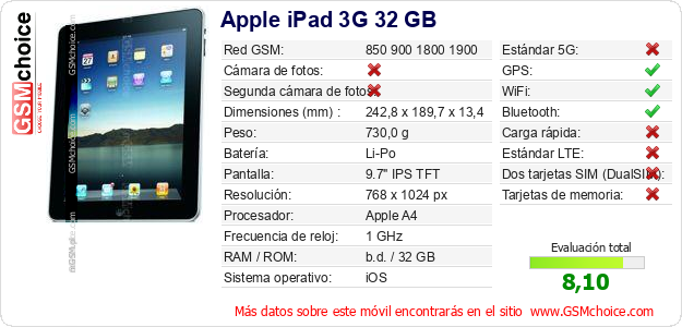 Apple iPad 3G 32 GB Datos técnicos del móvil 