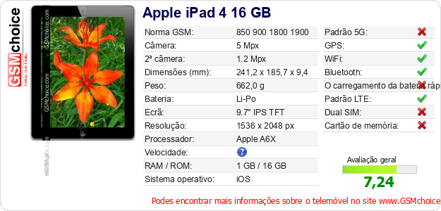 Apple iPad 4 16 GB Especificações técnicas do telemóvel 