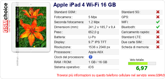Apple iPad 4 Wi-Fi 16 GB Dati tecnici di telefono cellulare 