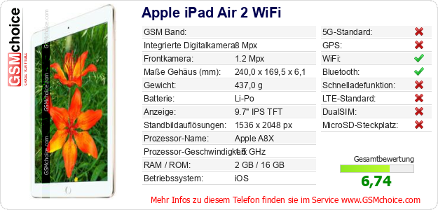 Apple iPad Air 2 WiFi technische Daten Apple iPad Air 2 WiFi technische Daten