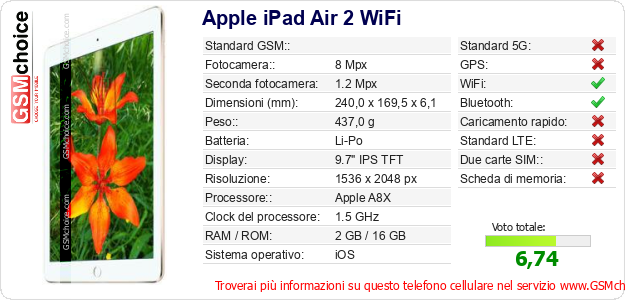 Apple iPad Air 2 WiFi Dati tecnici di telefono cellulare Apple iPad Air 2 WiFi Dati tecnici di telefono cellulare
