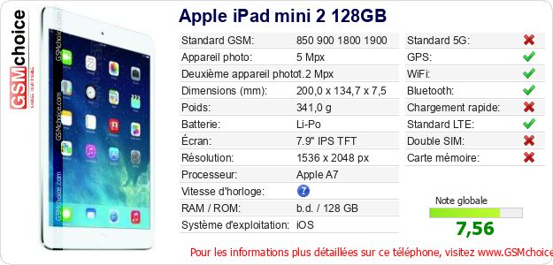 Apple iPad mini 2 128GB Fiche technique