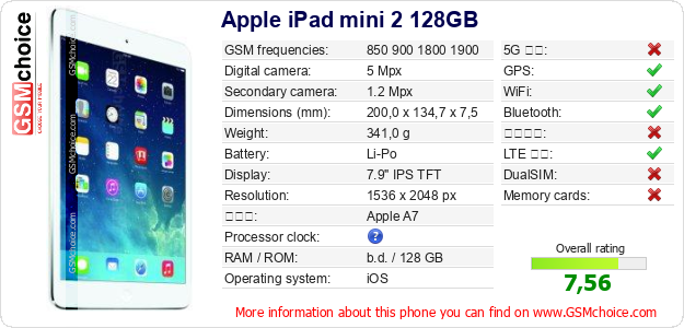 Apple iPad mini 2 128GB 手機技術數據