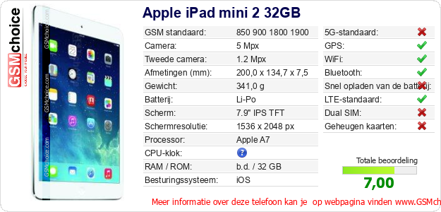 Apple iPad mini 2 32GB Technische gegevens 