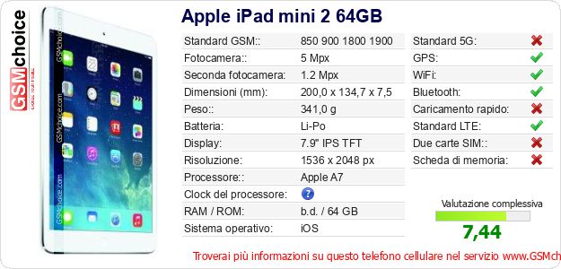 Apple iPad mini 2 64GB Dati tecnici di telefono cellulare 