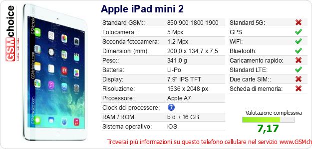 Apple iPad mini 2 Dati tecnici di telefono cellulare 