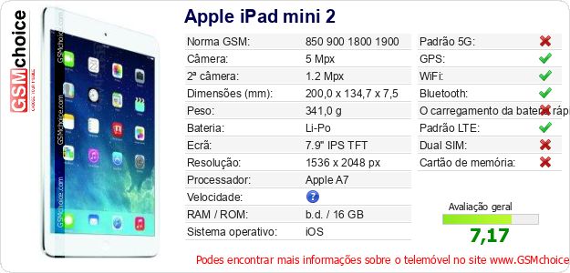 Apple iPad mini 2 Especificações técnicas do telemóvel 