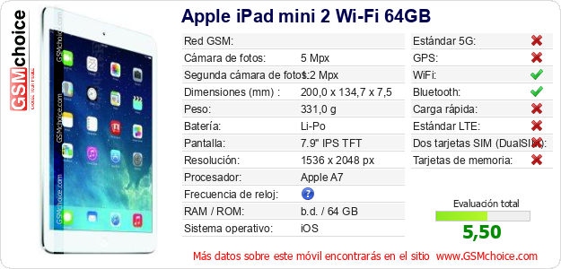 Apple iPad mini 2 Wi-Fi 64GB Datos técnicos del móvil 