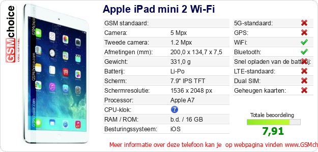 Apple iPad mini 2 Wi-Fi Technische gegevens 