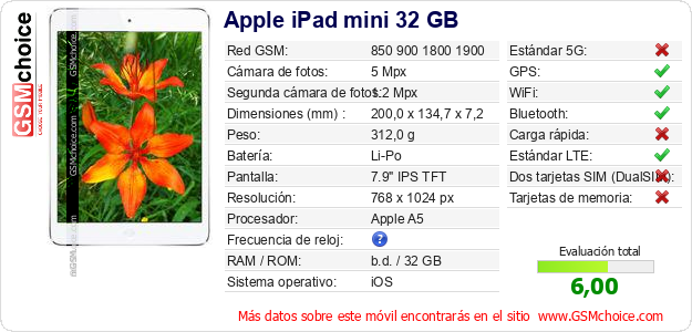Apple iPad mini 32 GB Datos técnicos del móvil 