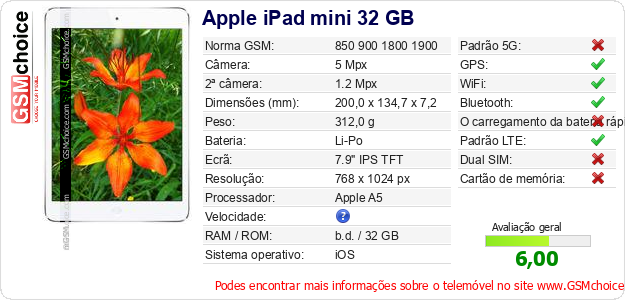Apple iPad mini 32 GB Especificações técnicas do telemóvel 