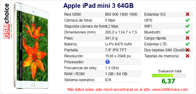 Apple iPad mini 3 64GB Datos técnicos del móvil 