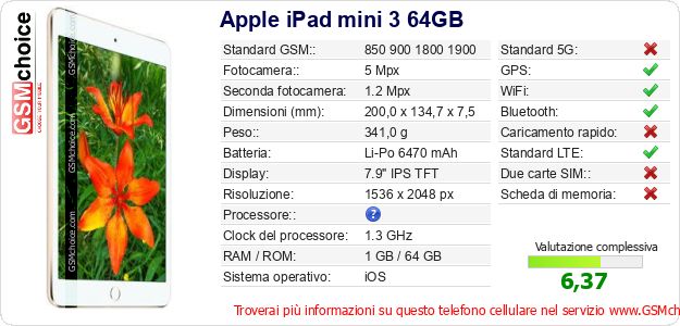 Apple iPad mini 3 64GB Dati tecnici di telefono cellulare Apple iPad mini 3 64GB Dati tecnici di telefono cellulare