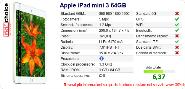Apple iPad mini 3 64GB Dati tecnici di telefono cellulare 