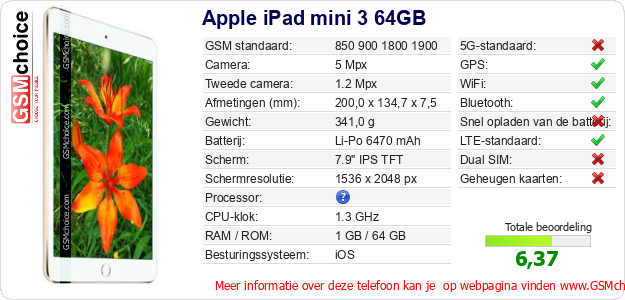 Apple iPad mini 3 64GB Technische gegevens 