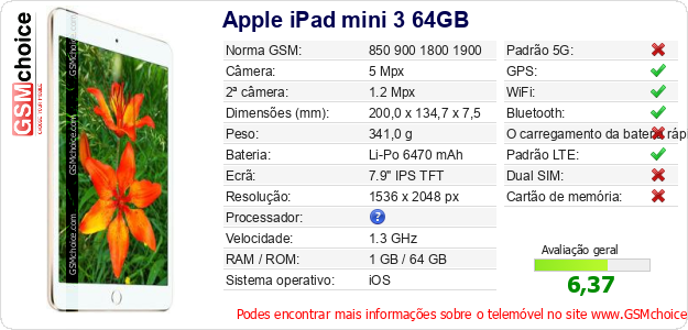 Apple iPad mini 3 64GB Especificações técnicas do telemóvel 
