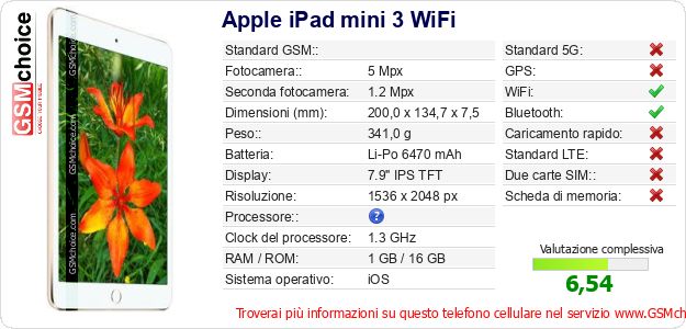 Apple iPad mini 3 WiFi Dati tecnici di telefono cellulare 