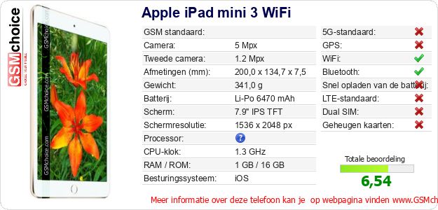 Apple iPad mini 3 WiFi Technische gegevens 