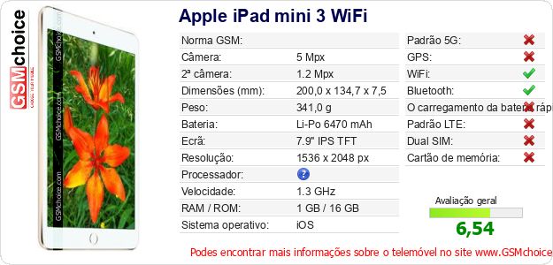 Apple iPad mini 3 WiFi Especificações técnicas do telemóvel 