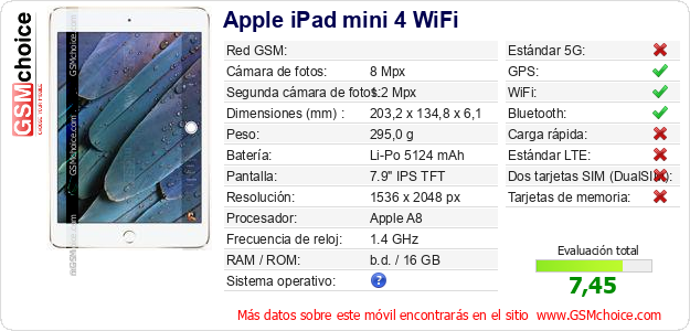 Apple iPad mini 4 WiFi Datos técnicos del móvil Apple iPad mini 4 WiFi Datos técnicos del móvil