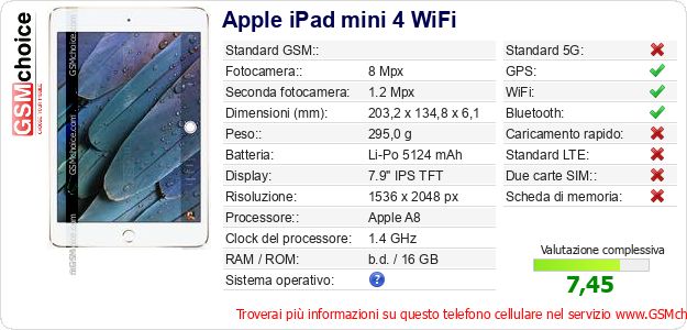 Apple iPad mini 4 WiFi Dati tecnici di telefono cellulare 