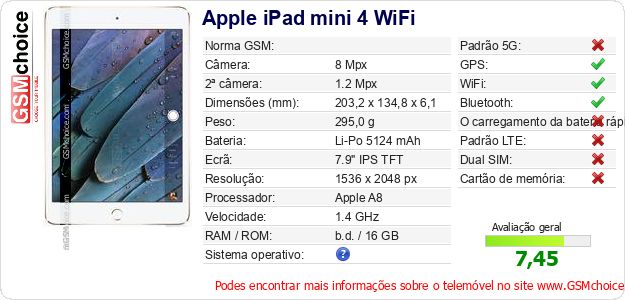 Apple iPad mini 4 WiFi Especificações técnicas do telemóvel Apple iPad mini 4 WiFi Especificações técnicas do telemóvel