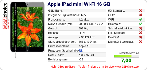 Apple iPad mini Wi-Fi 16 GB technische Daten Apple iPad mini Wi-Fi 16 GB technische Daten