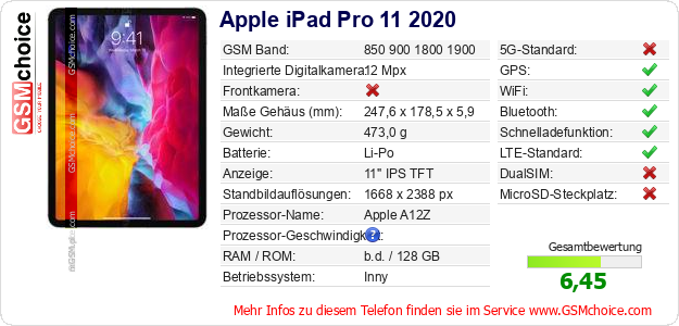 Apple iPad Pro 11 2020 technische Daten Apple iPad Pro 11 2020 technische Daten