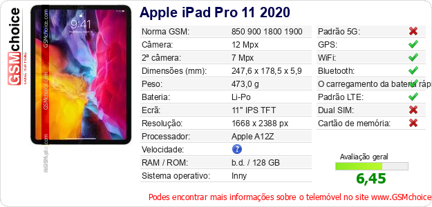 Apple iPad Pro 11 2020 Especificações técnicas do telemóvel 